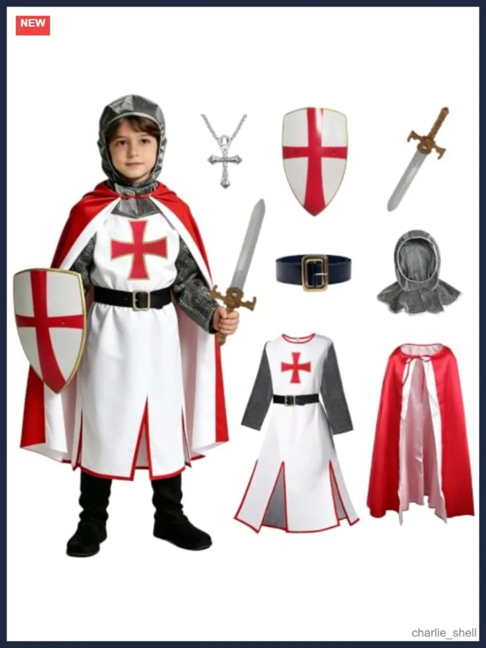 Kids Crusader Knight Costume 7 Pc Medieval Boys Renaissance Outfit